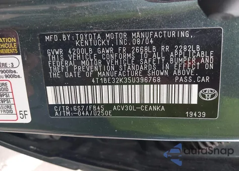 2005 Toyota Camry Le from USA, damaged, VIN 4T1BE32K35U396768